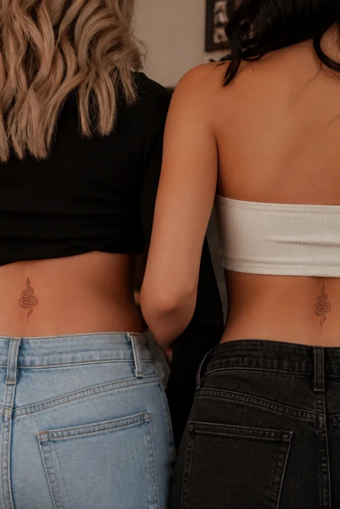 Two thin serpent line tattoos on upper hips. Each serpent forms a gentle S curve with a single dot scale accent placed at the same spot along the curve on each person.