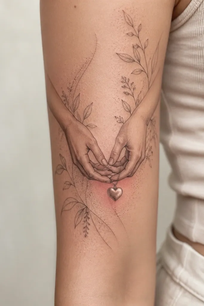 A half sleeve where two hands meet at center holding a small heart charm on a short chain. The chain links are thin and detailed, with soft shading on the palms and subtle rosy blush shading around the charm. The background is light botanical linework and tiny dot gradients.
