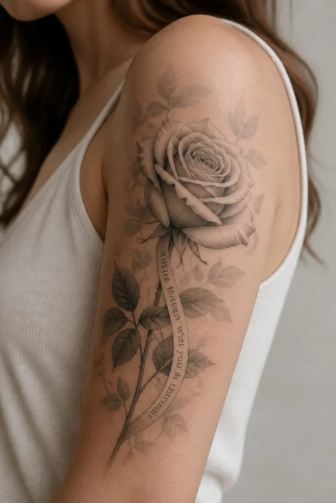 An upper arm half sleeve with a single rose in soft grayscale, petals shaded with smooth transitions. A thin banner-like strip runs along the outer arm with tiny readable lettering, and the background has faint leaf silhouettes in light gray.