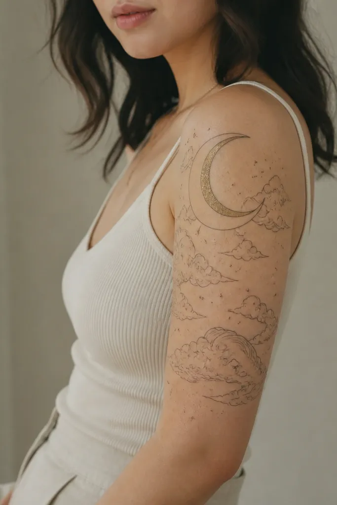 A half sleeve with a crescent moon near the top outer arm. Cloud-like linework wraps around it in thin gray strokes, with small star dots scattered lightly. There's a muted honey-gold wash in the moon's inner curve.