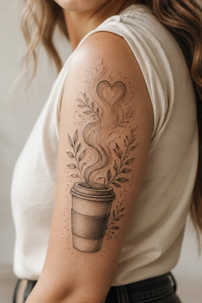A half sleeve featuring a to-go coffee cup on the outer arm with steam rising. The steam forms a small heart shape near the top edge, and the cup has a minimal band detail. Background has light dotwork speckles and tiny leaf sprigs.