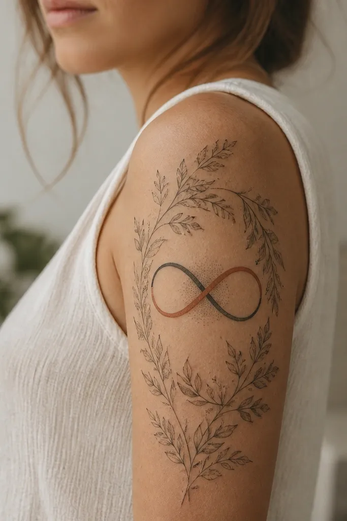 An upper arm half sleeve with an infinity symbol centered along the outer arm. Around it is a botanical frame of small leaves and tiny buds drawn in fine gray linework. The infinity has a soft terracotta tint on one stroke, with light dot shading behind the symbol.