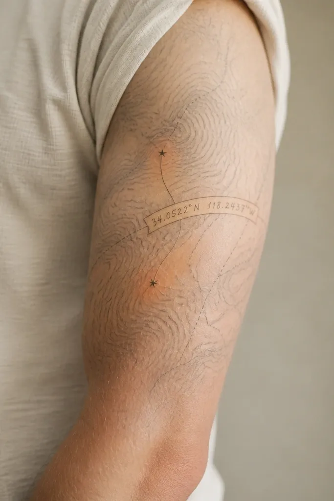A half sleeve with a faint topographic map background in light gray, plus a handwritten-style set of coordinates on a curved strip. Small star dots mark two points. The map has gentle shading and a soft warm wash near the coordinate points.