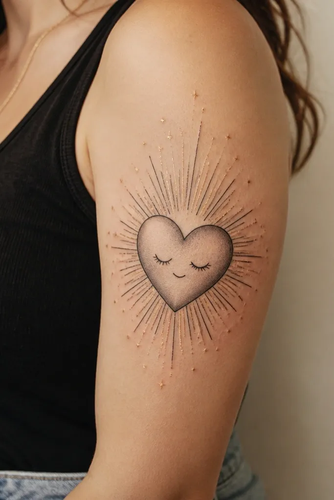 A half sleeve with a sleeping heart shape resting on the outer arm, eyes closed and shaded softly. Behind it is a gentle sunburst made of short rays in light gray. There's a muted golden highlight in the rays and a few tiny spark dot accents.