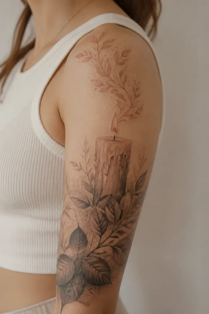 An upper arm half sleeve with a candle at the top outer arm. The flame has a warm gradient from light gray to muted terracotta. Smoke rises and turns into thin leaf silhouettes and soft dotwork.