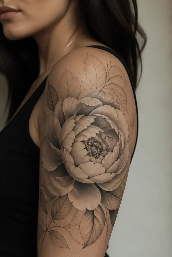 A half sleeve with a large peony bloom on the outer upper arm. The petals are shaded in grayscale with smooth transitions. Hidden inside a few petals is a tiny symbol - a small heart outline or a ring - drawn in very thin linework. Background has faint leaf veins and light dot shading.