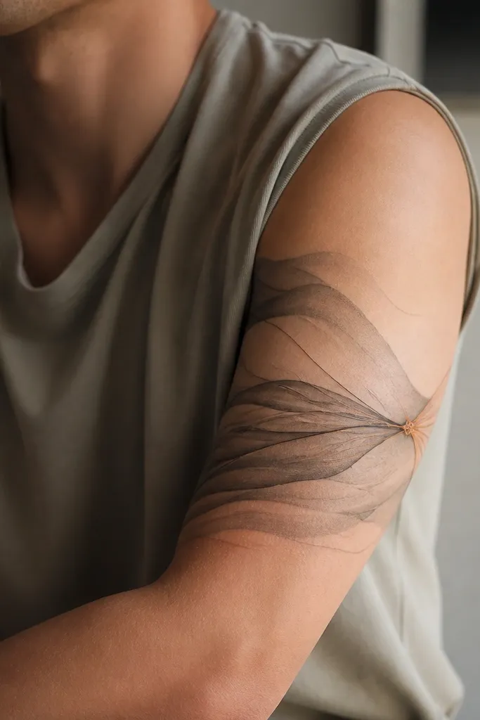 A half sleeve with gentle wave lines moving from the inner arm toward the outer arm. Thin thread-like lines wrap through the waves and end in a small knot near the outer mid arm. The waves are grayscale with a small warm accent near the knot.