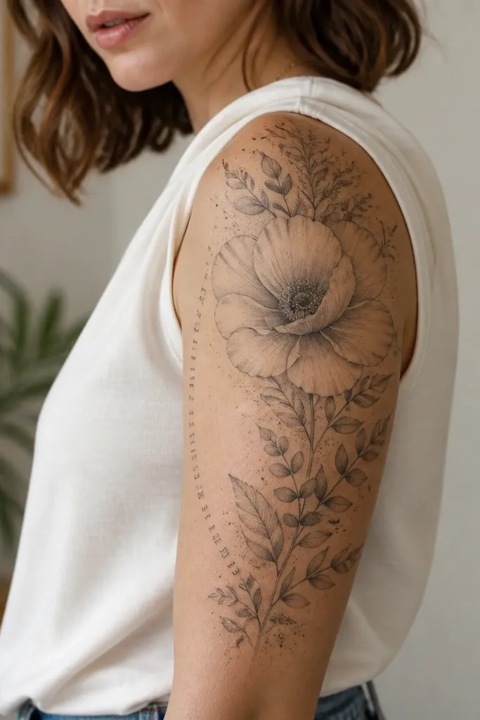 A half sleeve with a birth flower large on the outer arm in fine grayscale linework and light shading. Along the inner edge are tiny date numbers in a small arc, like a subtle ring of text. The background has soft stipple dots and small leaves.