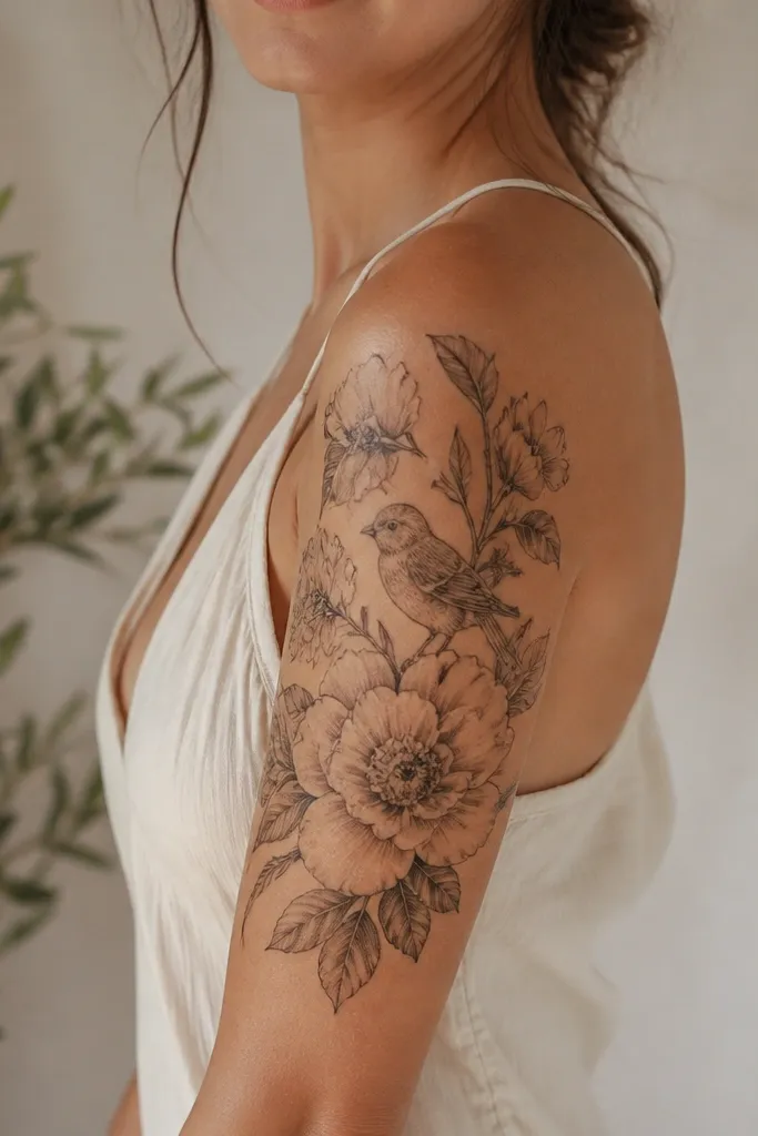 Cozy meaningful half sleeve upper arm tattoos for women
