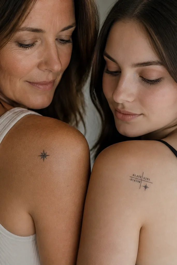 Mom's tattoo shows a small compass rose no bigger than a dime, with four thick points. Daughter's tattoo shows two short coordinate lines in small block numerals, with the compass rose corner symbol repeated as a tiny accent.