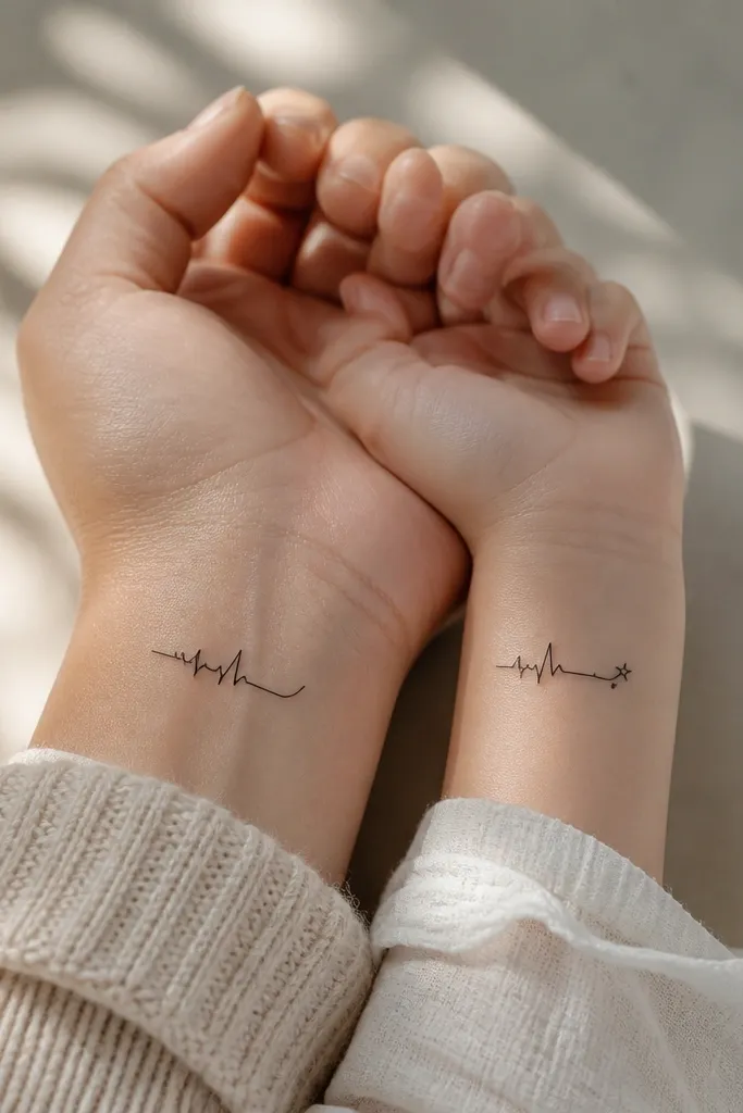 A small continuous line heartbeat ECG on Mom's wrist, ending in a gentle rise. Daughter's ECG line is the same start, but it ends in a tiny star-like peak. Both are black with one thin gray highlight under the main line.