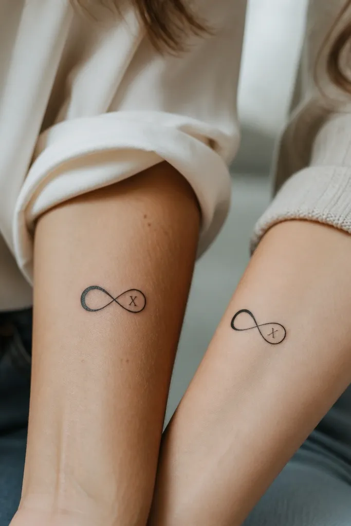 Mom has a small black infinity symbol with the left loop slightly thicker. Daughter has the right loop in matching line weight. In the negative space inside one loop, there's a tiny initial formed by two straight strokes.