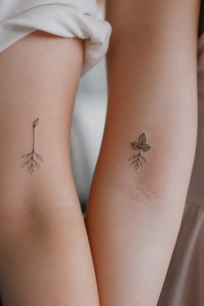 Mom's tattoo shows a small root system spreading from a thin trunk line, with one tiny leaf at the top. Daughter's tattoo shows a compact canopy of three rounded leaves with a few root lines tucked underneath.
