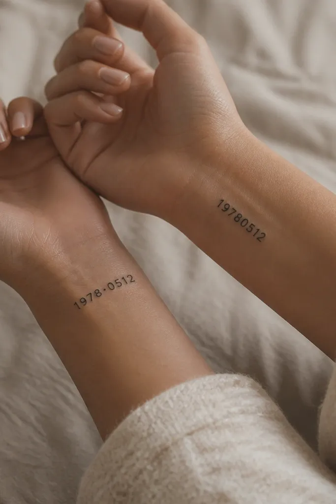 Mom's tattoo is a line of Arabic numerals in black ink, about the width of a fingertip, placed on the side of the wrist. Daughter's tattoo is the same numerals slightly rotated, with a tiny dot separator between two number groups.
