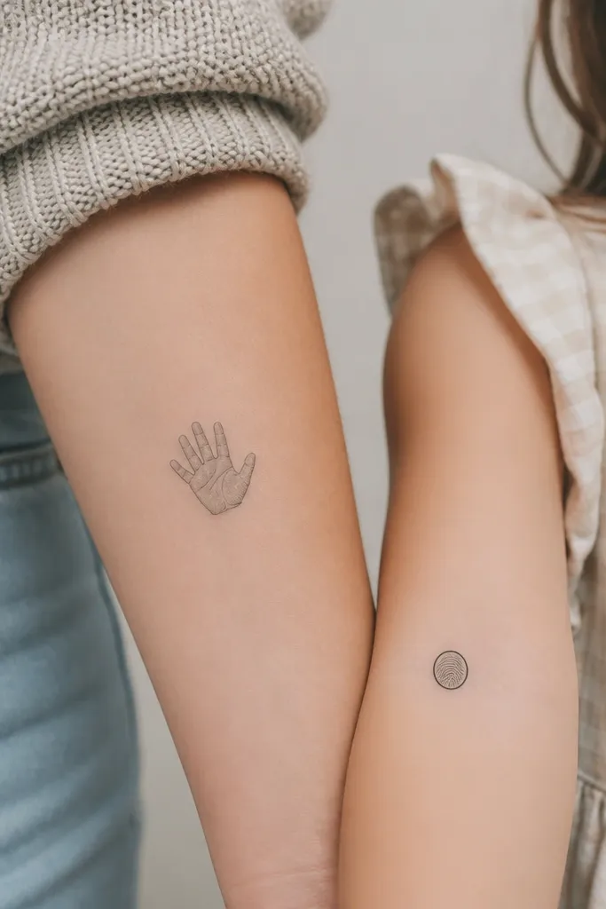 Mom has a small palm outline filled with warm gray lines, with her thumb slightly curved. Daughter has a tiny fingerprint circle, also warm gray, with one black bold ring around it. Both are on matching forearm spots, about 3 cm apart from each other.