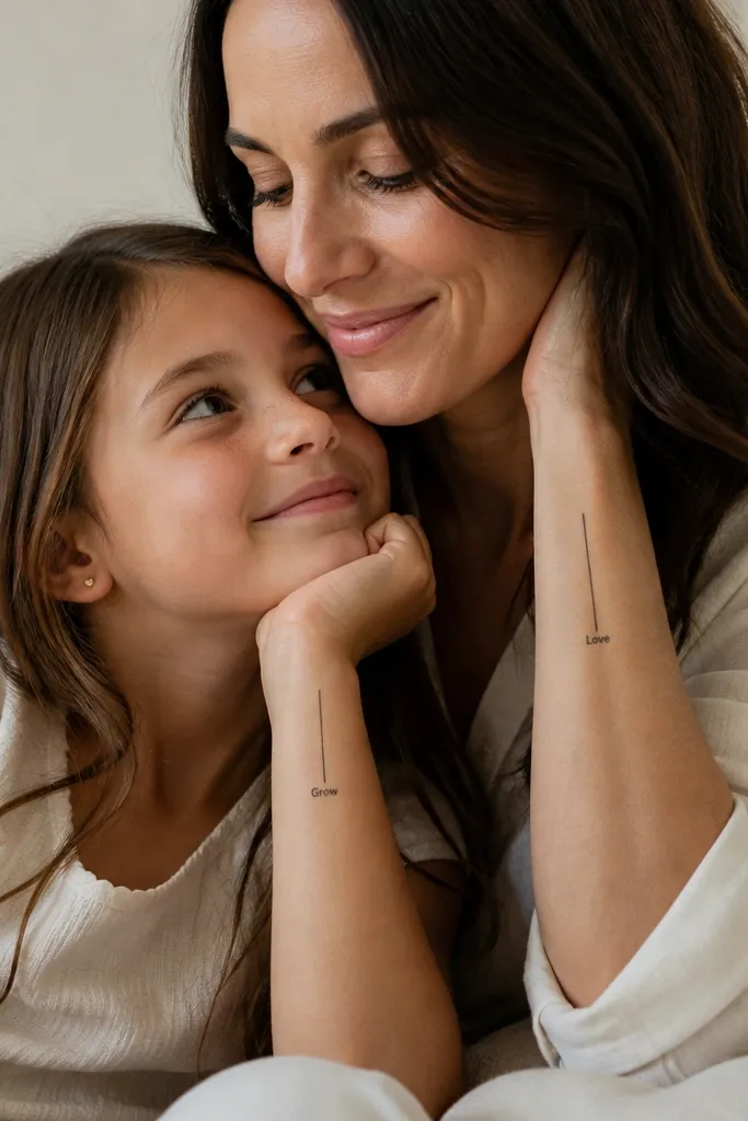 A thin vertical bookmark shape in black on Mom's inner forearm, with the word "Love" in small bold letters near the bottom. Daughter has the same bookmark shape on the outer wrist with the word "Grow" in matching font. No other decoration.