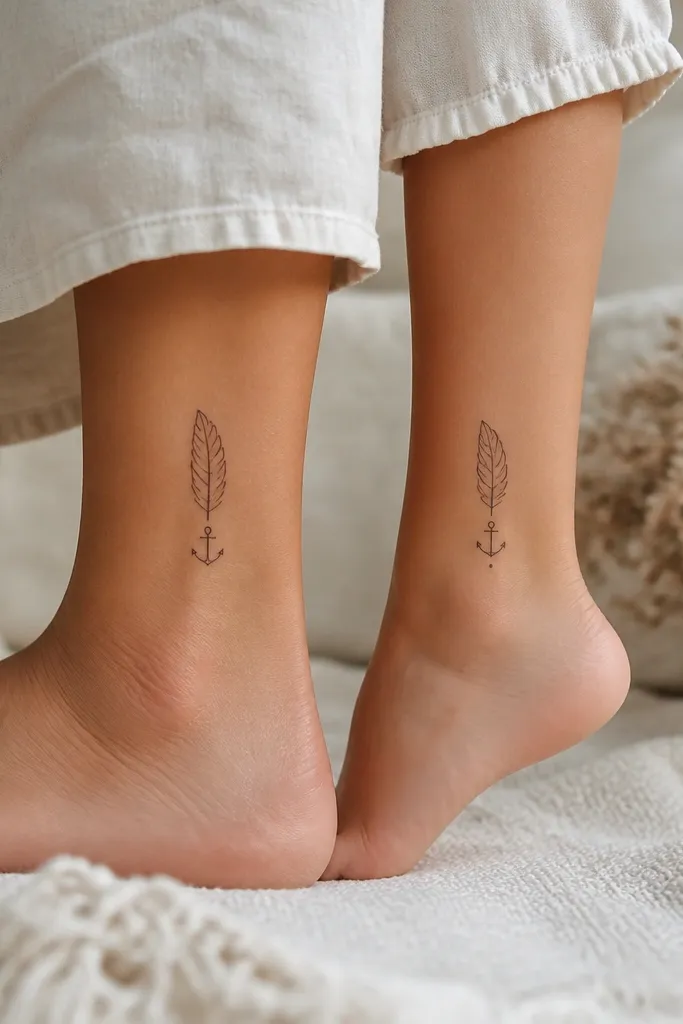 Mom has a small feather outline in black with a few rib lines, and a tiny anchor icon at the base. Daughter has the same feather outline but only the top half, and her base has a small anchor with one extra dot. Both are on the ankle area.