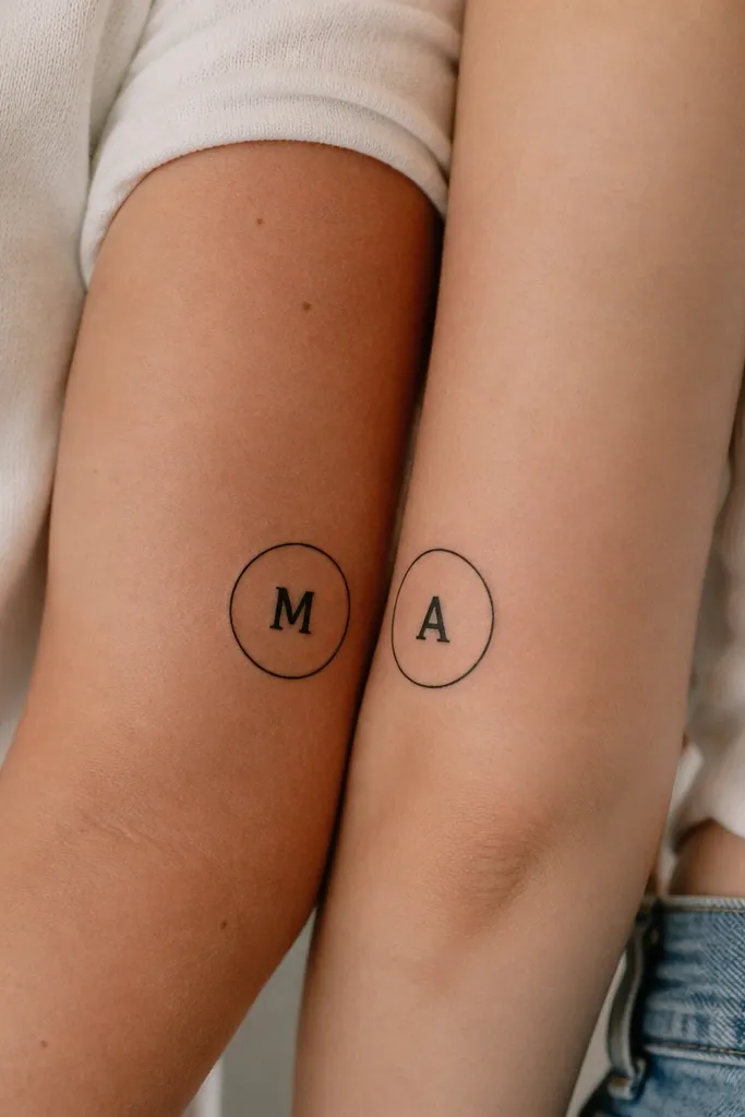 Mom's tattoo is a small circle outline in black with her initial in the center, thick and blocky. Daughter's tattoo is the same circle with her initial. The outer ring is slightly offset so it looks like a continuous design when placed near each other on the body.