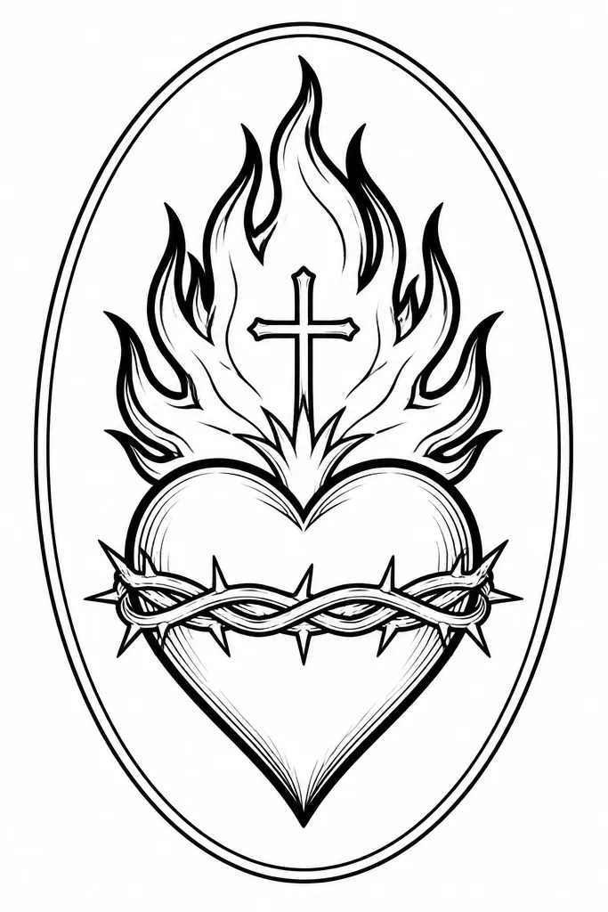 Centered heart with an oval halo, small crown, and a flame above