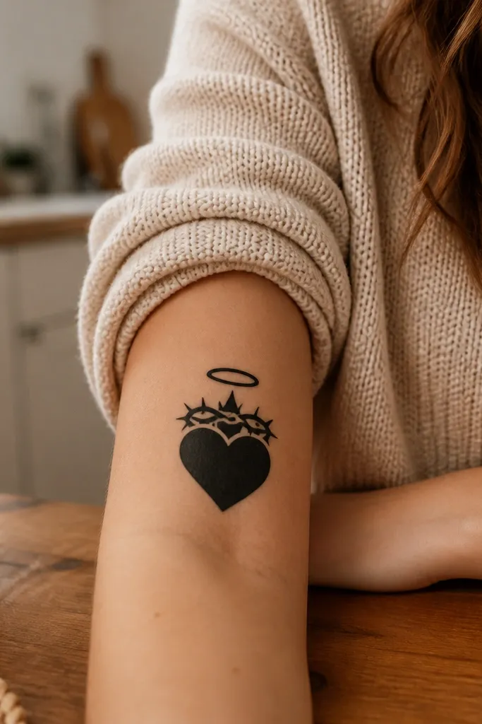 Heart with small flame, thorn crown detail, and a simple halo ring