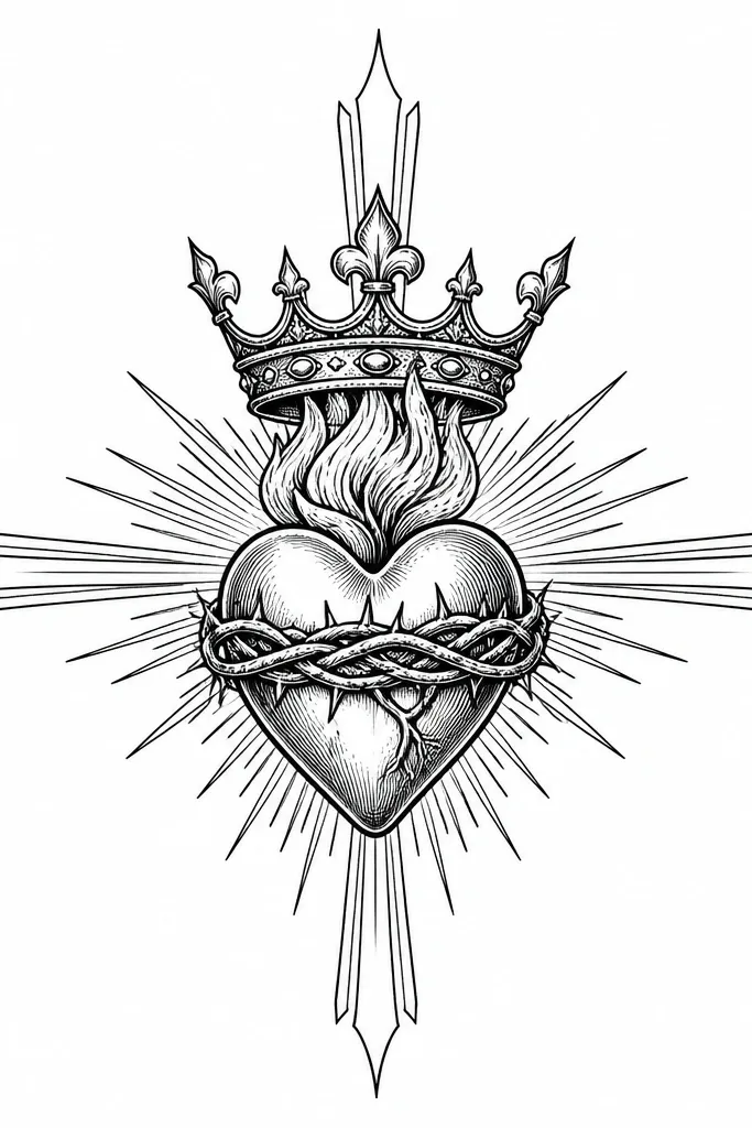 Heart with crown, halo, and short rays that look like tiny flags