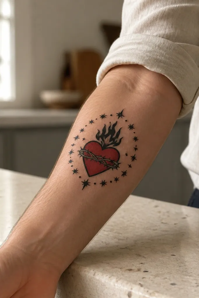 Heart with flame, halo made of small stars and dotted accents