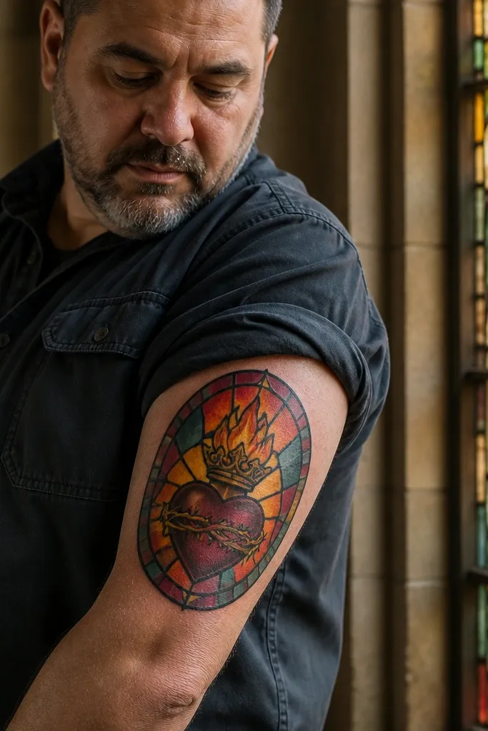 Heart with flame and crown, halo made of stained-glass style segments