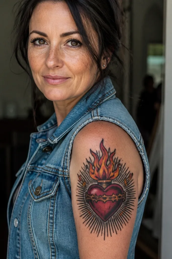 Sacred Heart with red flame edges and bold black rays behind it