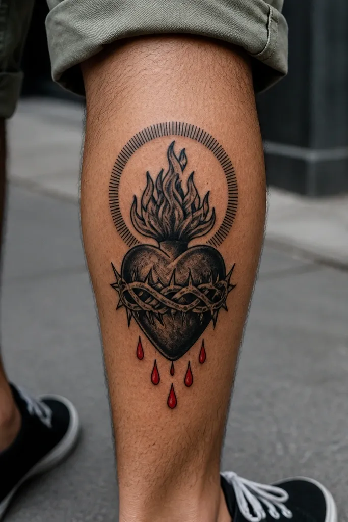 Black Sacred Heart with red tear drops below the center