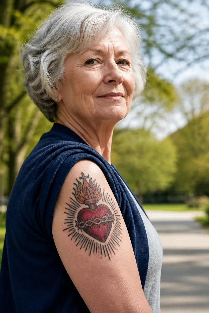 Traditional Sacred Heart with two-layer black ray lines and red heart