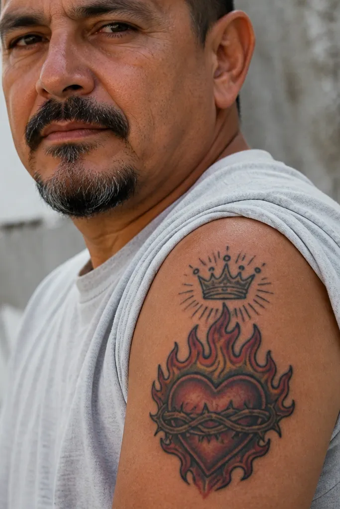 Sacred Heart with a small crown above and thick black outline