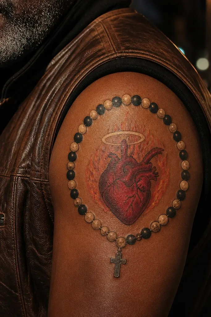 Sacred Heart centered with a rosary bead arc frame and bold rays