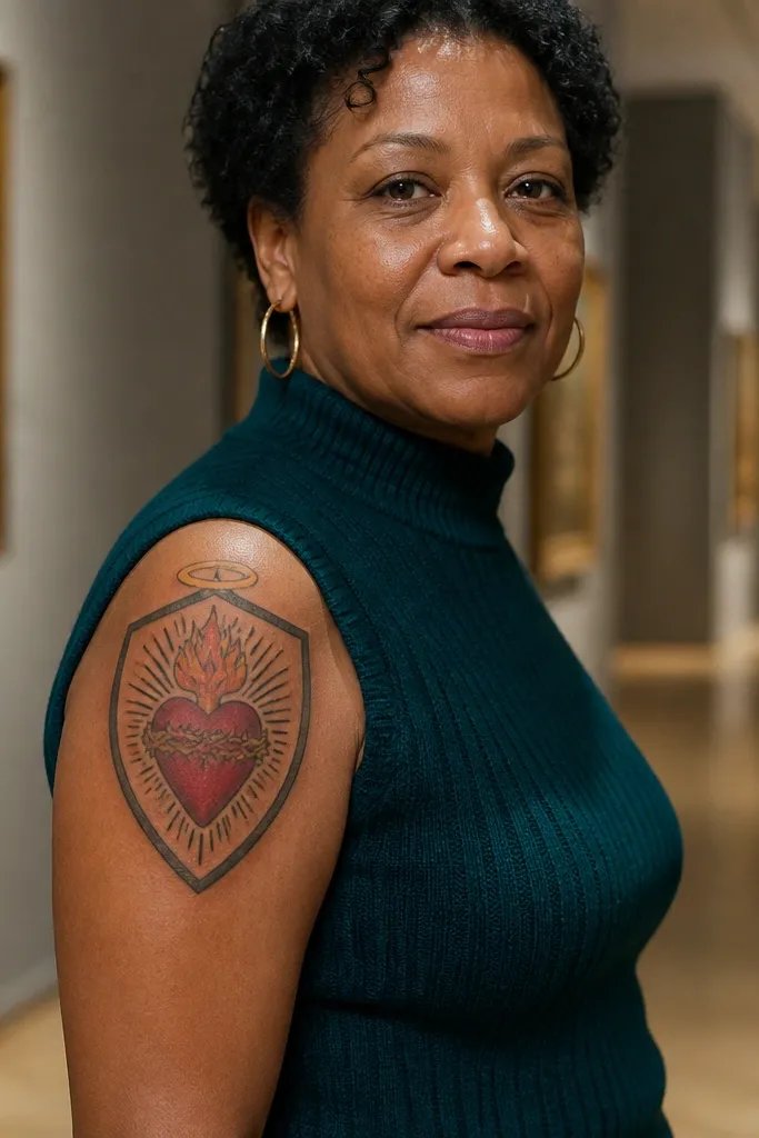 Sacred Heart centered on a bold black shield with rays