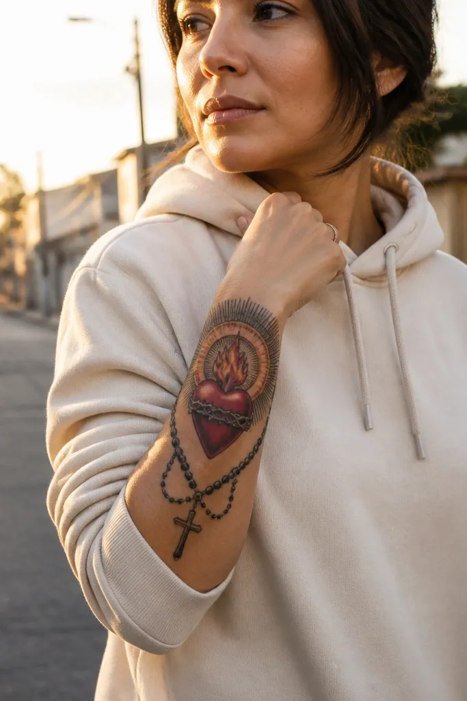 Sacred Heart with crossed rosary beads and a bold halo glow