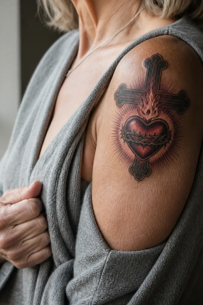 Sacred Heart with a thick black cross behind and red glow effect