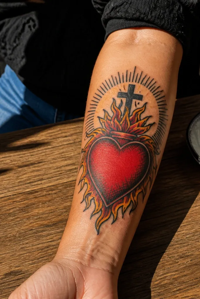 Sacred Heart with black crosshatch shading and clean ray lines