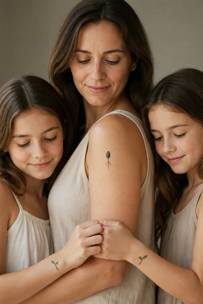 A single black seed with a short root line on the mom's upper arm. Each daughter has a small sprout with two leaves near the wrist, one on the inside edge and one on the outer edge.