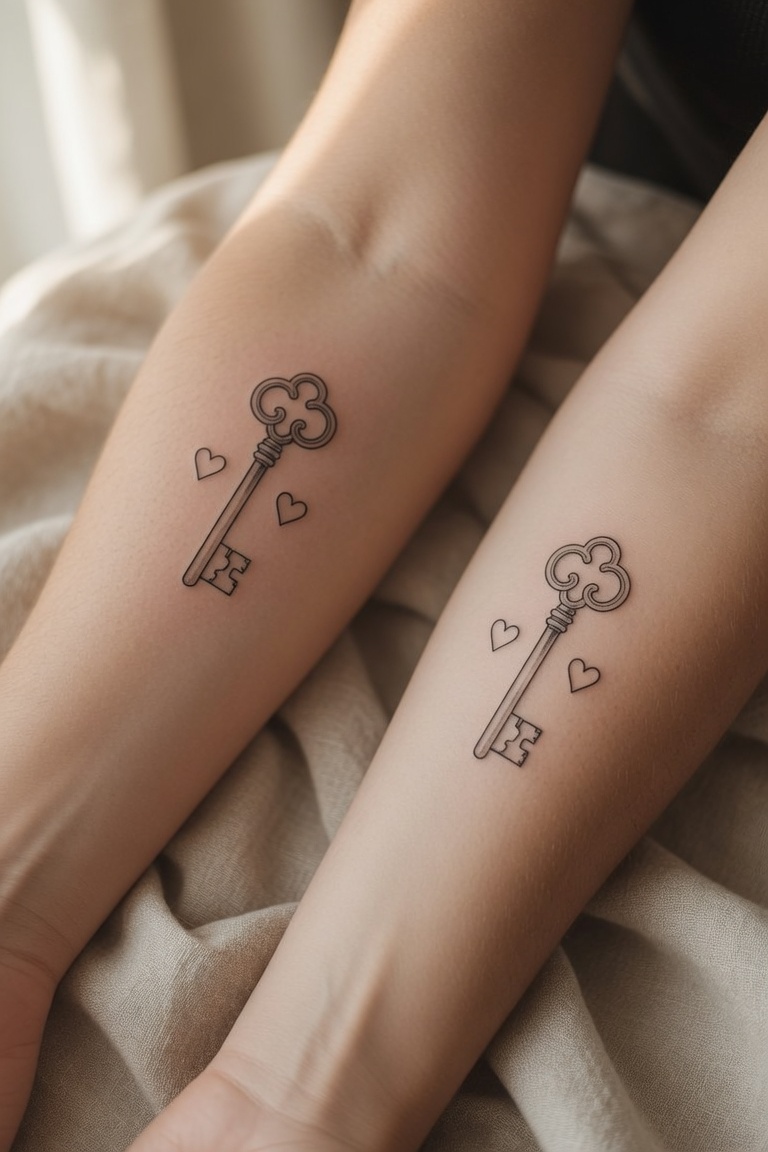 A minimalist black key on the mom's collarbone side with a small heart-shaped notch. Each daughter has a tiny keyhole under the collarbone, one with a dot above it and one with a short vertical line.