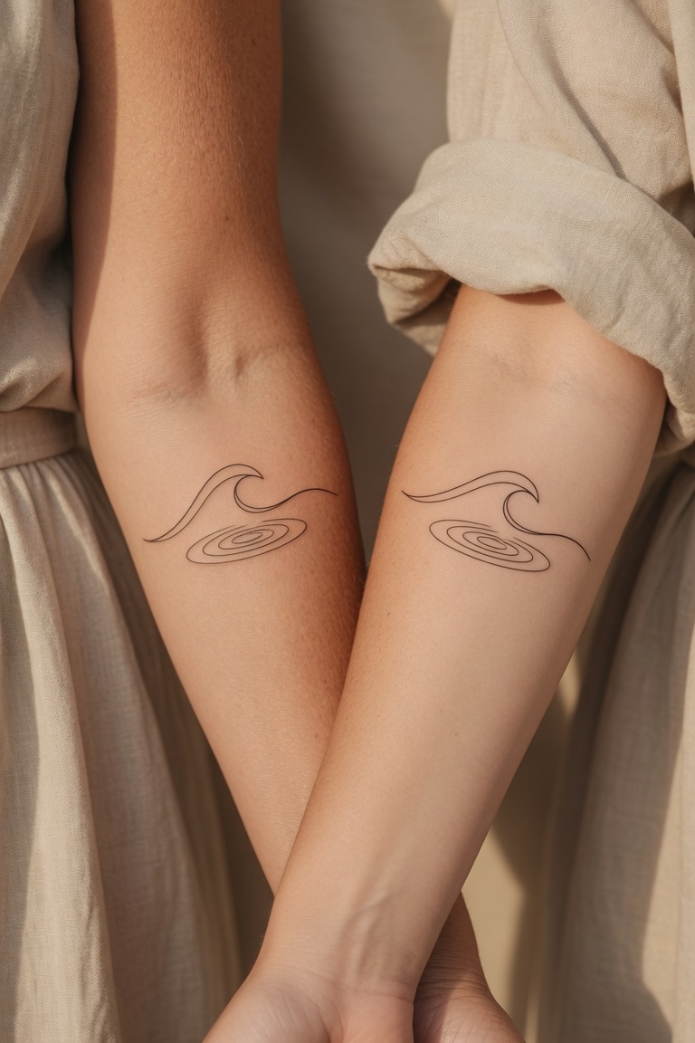The mom has three clean black wave lines across the upper ribs, with one thicker wave in the middle. Each daughter has a single thin wave line on the outer forearm with a small dot at one end.
