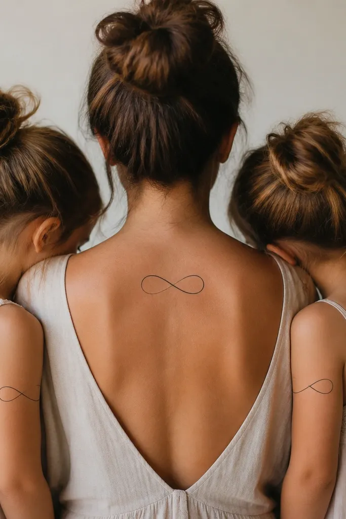 A single black infinity loop on the mom's upper back. Two daughters have small half-infinity shapes on the upper arms, each starting where the loop breaks.