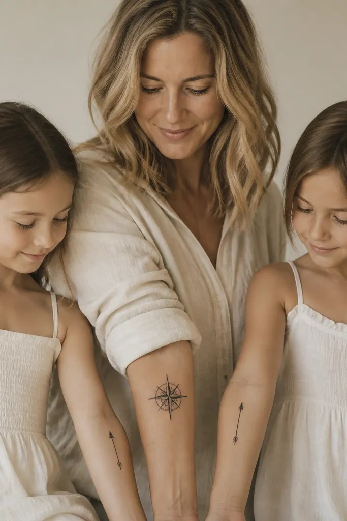 A minimalist black compass rose on the mom's upper forearm with a bold north point. Each daughter has a tiny arrow pointing north on the inner forearm, one arrow slightly longer than the other.