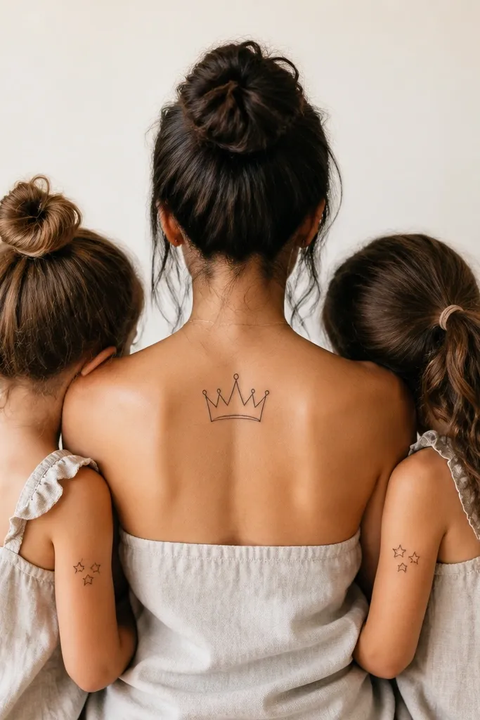 A thin black crown outline on the mom's shoulder blade. Each daughter has two small five-point stars on the outer upper arm, positioned as if they sit on the crown's sides.