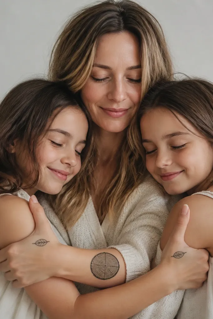 Mom has a small black tree trunk cross-section with visible rings on the inner forearm. Each daughter has a single tiny leaf with a central vein near the base of the thumb, one leaf slightly turned left and one turned right.
