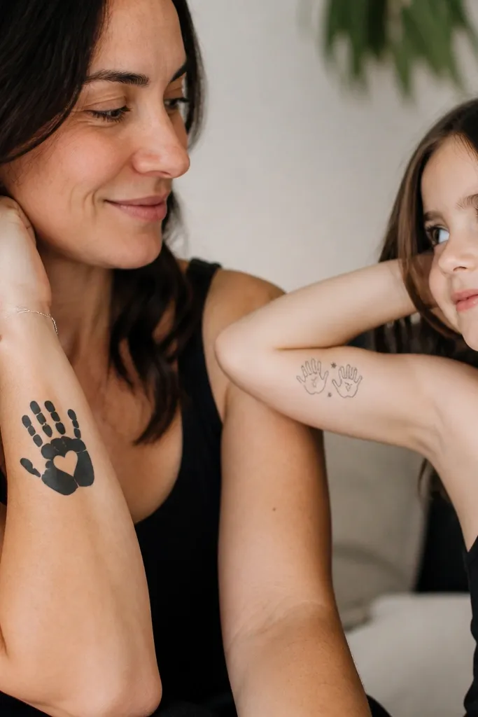 Mom has a black handprint silhouette with a small heart in the palm on her forearm. Daughter tattoos are smaller line-art handprints on the inner bicep, each with a tiny star on the wrist side.