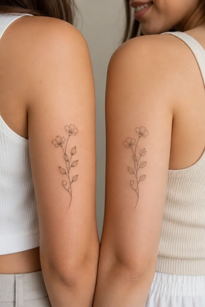 Upper arm outer view: a thin stem with two small blossoms and a curled vine. One tattoo has leaves shaped like teardrops; the matching tattoo has leaves shaped like rounded ovals, while the flowers match exactly.