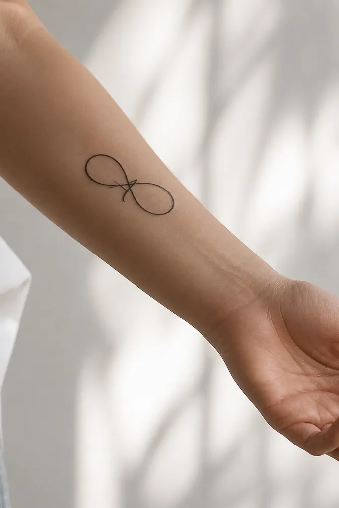 Inner forearm: a clean infinity symbol with the center space shaped so that, at a certain angle, it reads like a small initial formed by negative space.