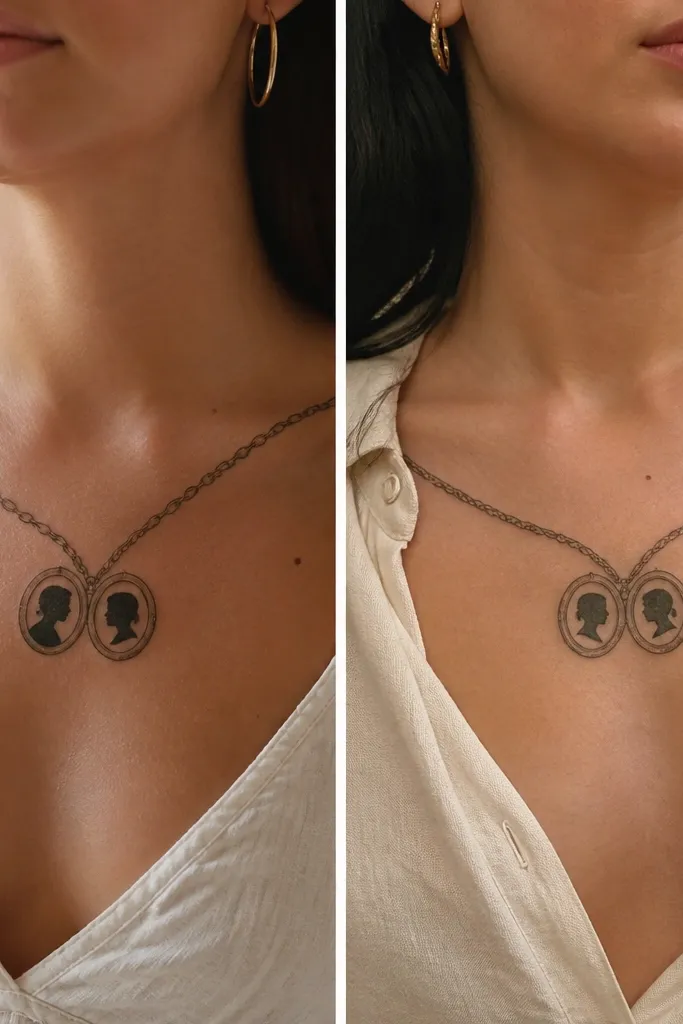 Upper chest area tattoos: two small lockets with a chain link top. Inside each locket is a tiny silhouette profile, and the chain has a slightly different twist pattern on each tattoo.