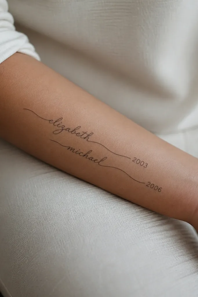Side of forearm: a smooth script-like wave line with two names integrated as flowing curves. A small set of numbers sits at the end of each wave, matching the years but in different placements.