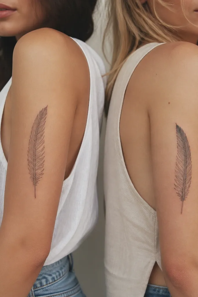 Outer upper arm: a feather outline with fine barbs on both tattoos. One feather has a slightly darker ombre tip on the inner edge, the other has the ombre tip on the outer edge.