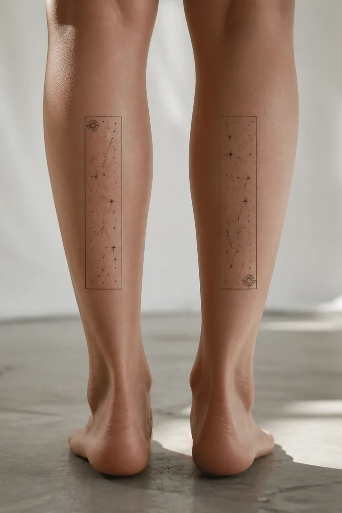 Calf outer: a thin rectangular frame with a star map dot pattern inside. One tattoo has a small circle landmark star at the top corner; the matching tattoo has the landmark at the bottom corner.